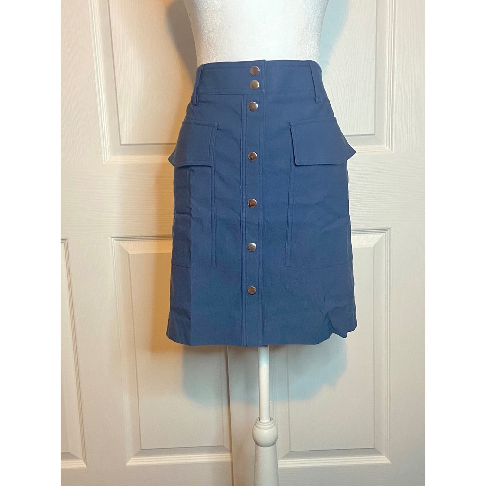 Nine West Blue Button Front Utility Mini Skirt Size M Cargo Pockets Stretch